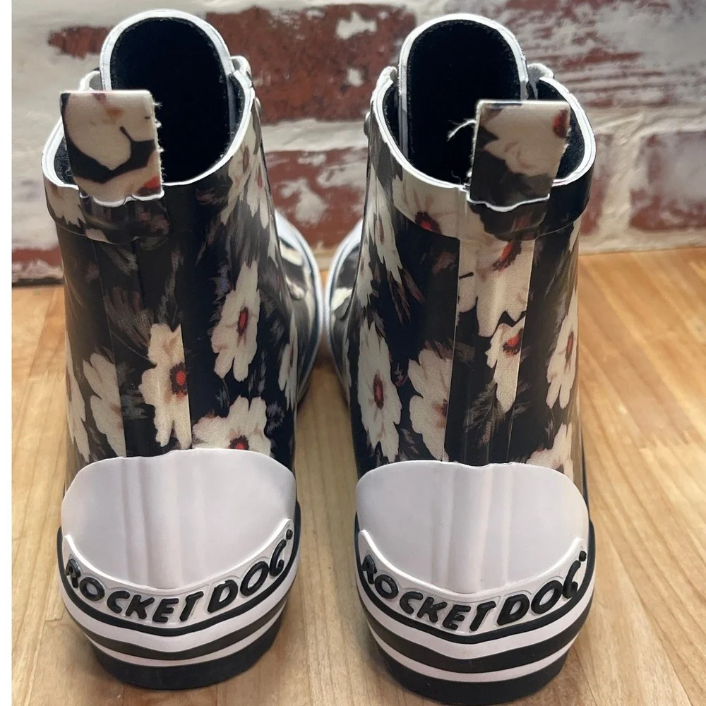 Rocket Dog Floral Rain Boots Black White High Top Sneaker Boot Women 8.5